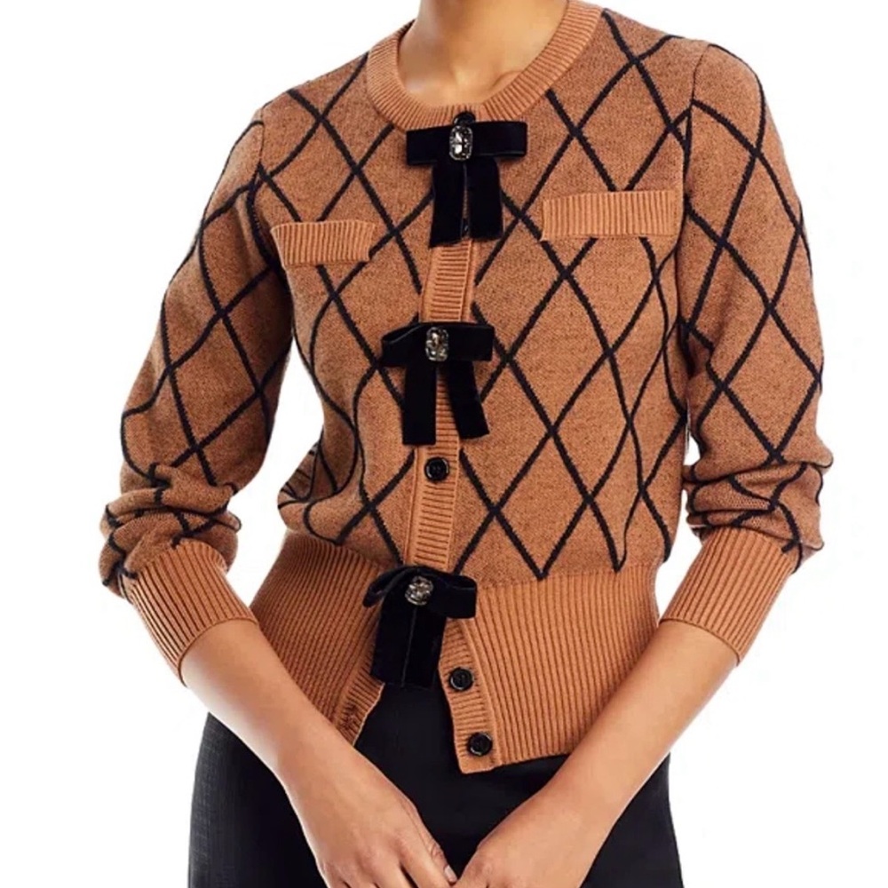 Nancy Yang Brown Black Velvet Jeweled Bow Button Knit Cardigan‎ Sweater Sz M